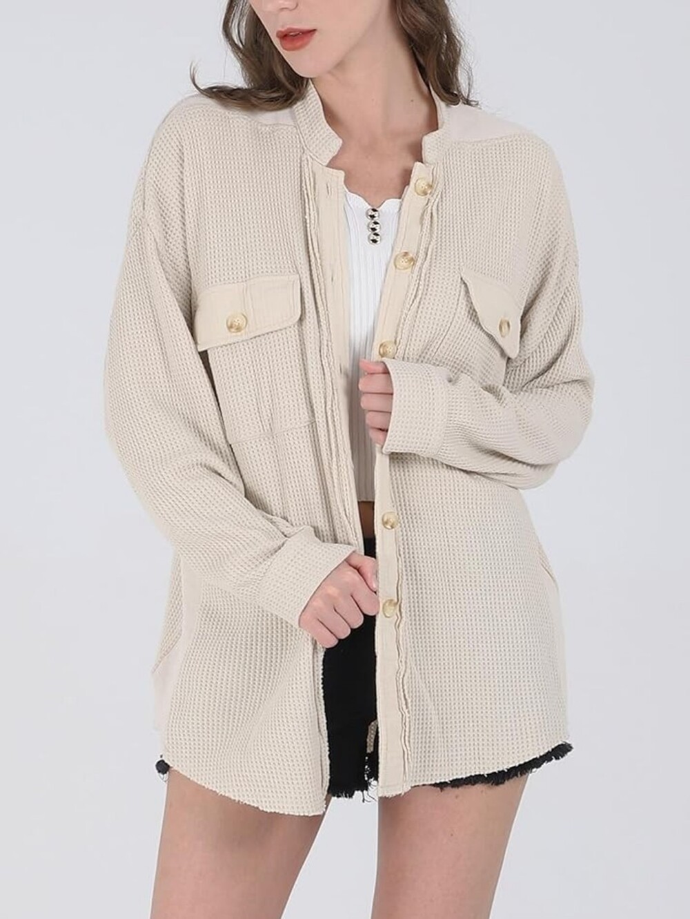 Free People Cream Button-Front Lightweight Knit Shirt one Scout Jacket